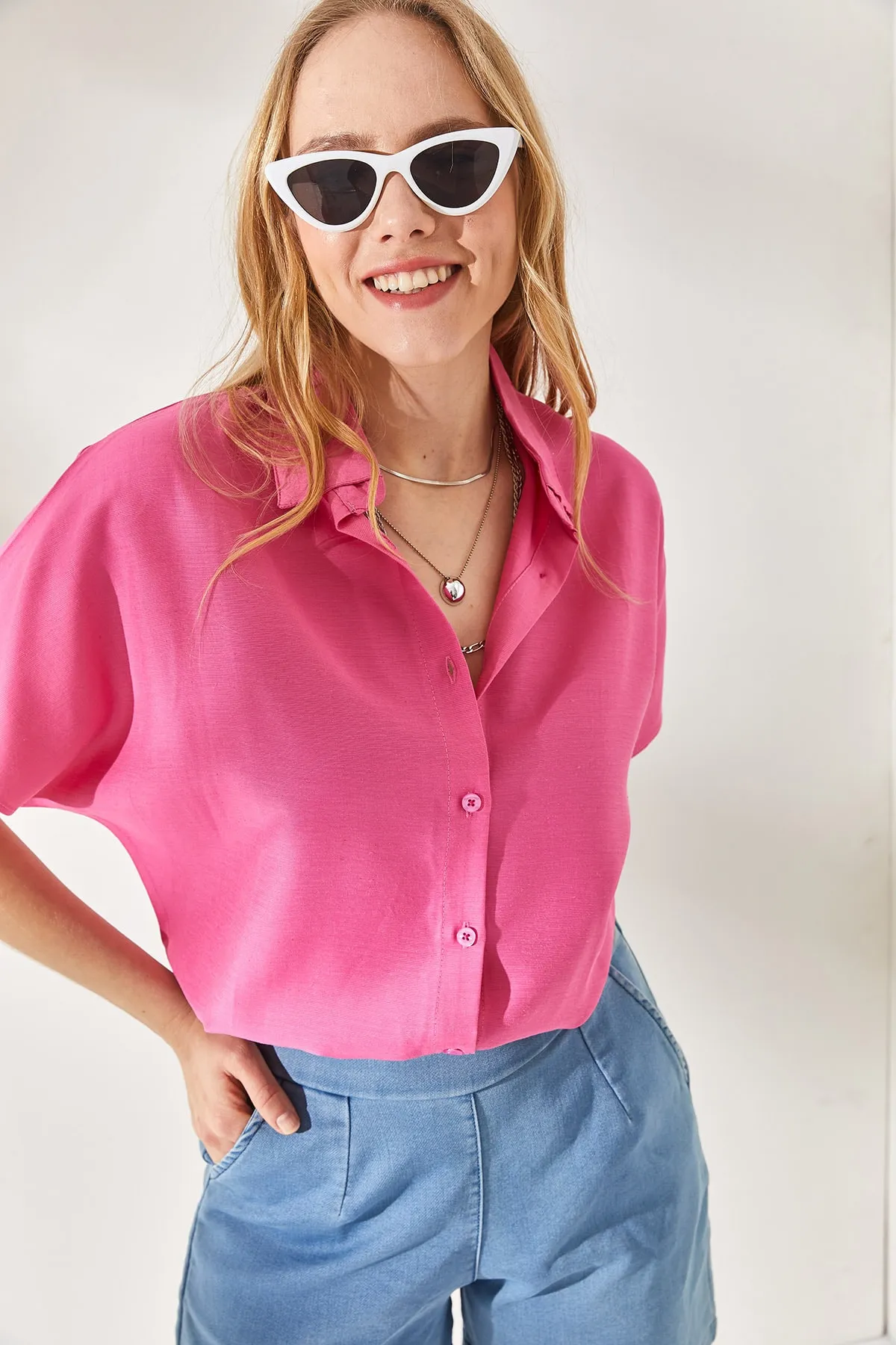 Olalook  Rosa Fledermaus-Übergröße-Leinenhemd für Damen GML-19001109