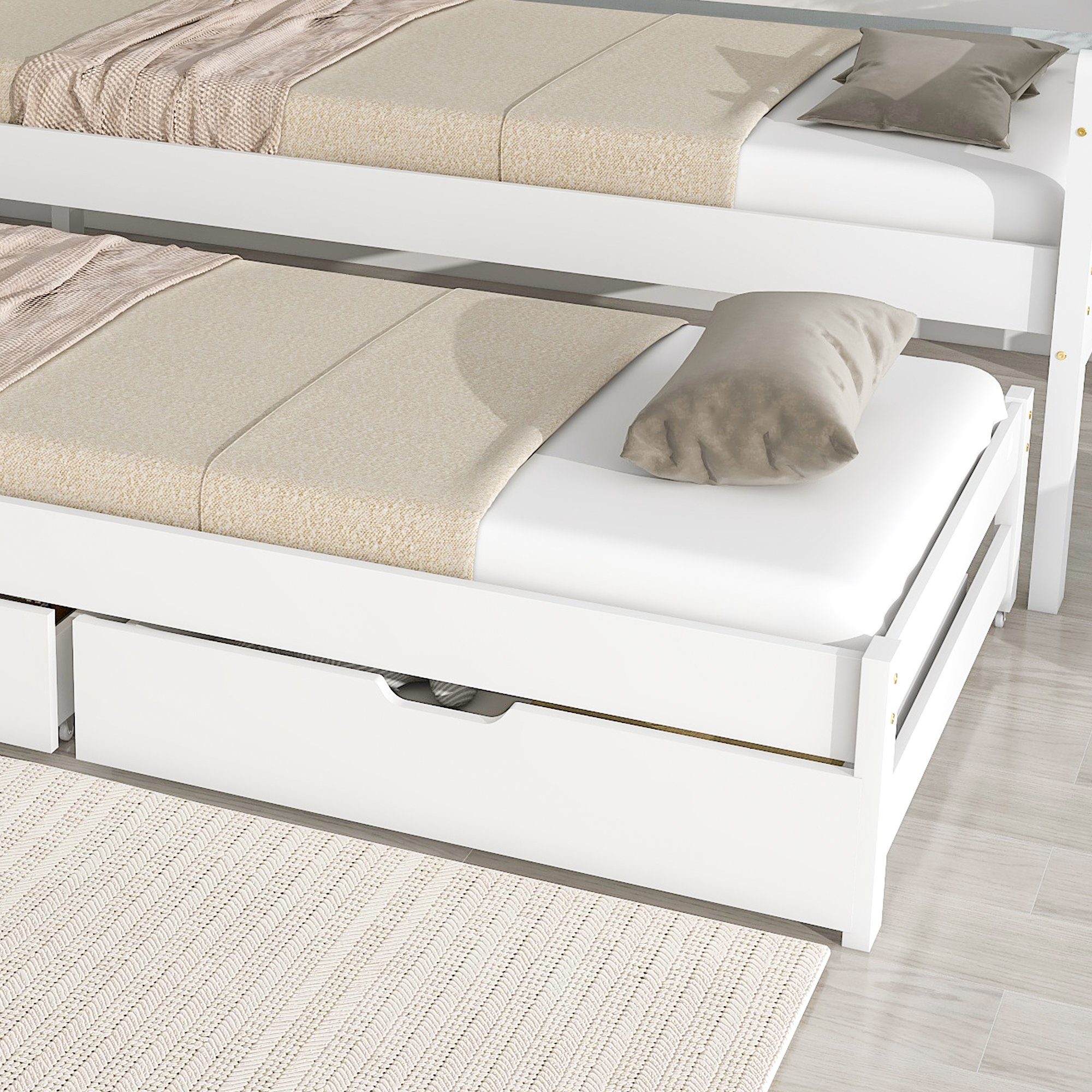 WISHDOR Kinderbett Bett, Tagesbett, Einzel- und Doppelbett, Schiebebett (mit 2 MDF-Schubladen, mit Rollen unten 200x90cm/190x90cm), Ohne Matratze