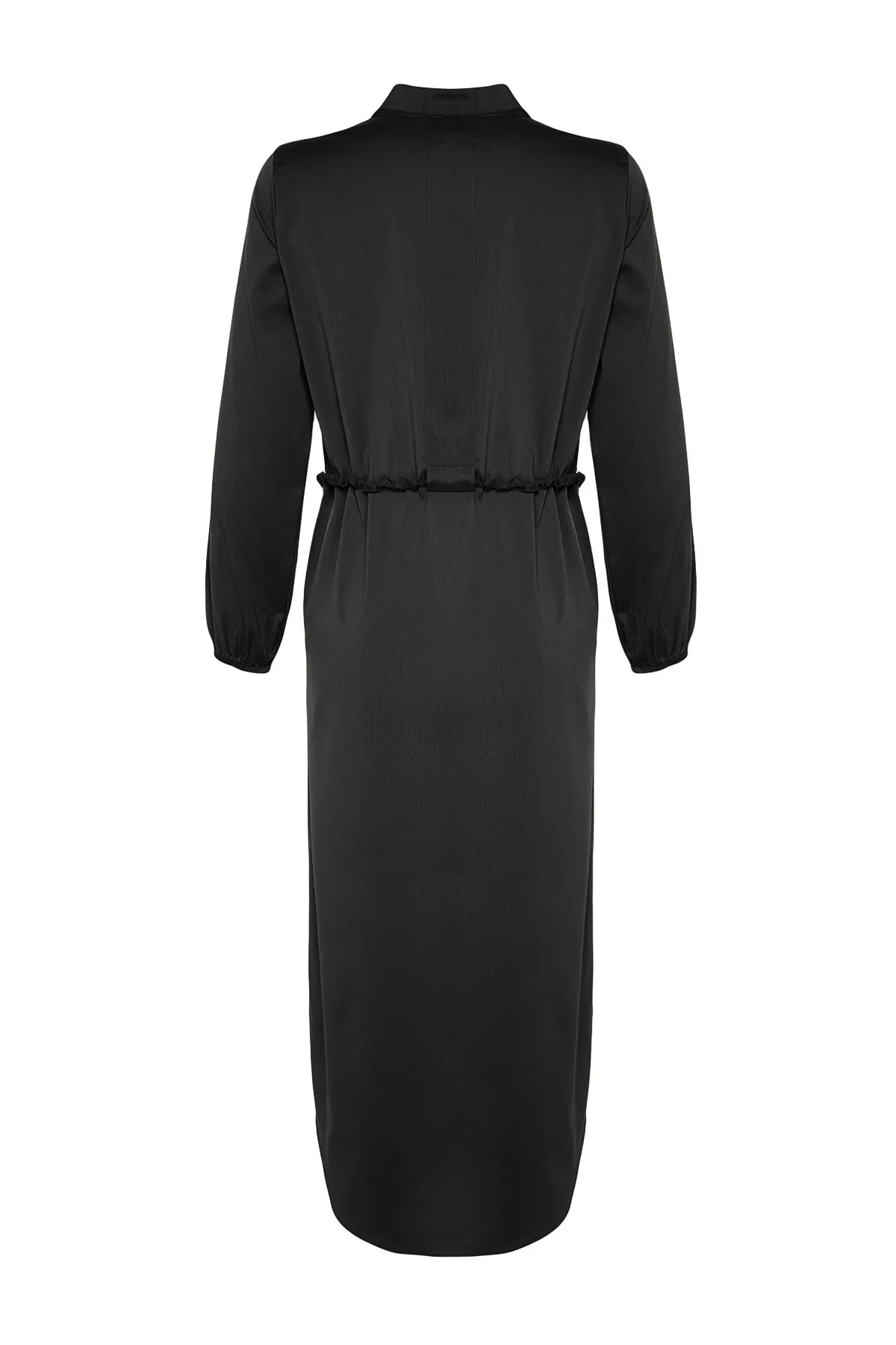 Trendyol Modest  Schwarzes, gewebtes Kleid mit halber Knopfleiste und hohem Kragen und Gürtel TCTAW24EB00091