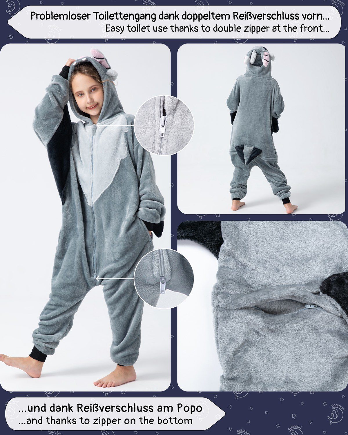 Corimori Jumpsuit Flauschiges Fledermaus-Kostüm für Kinder (2-tlg) mit Haarreif, Halloween, Fasching, Verkleidung, Vampir-Fledermaus