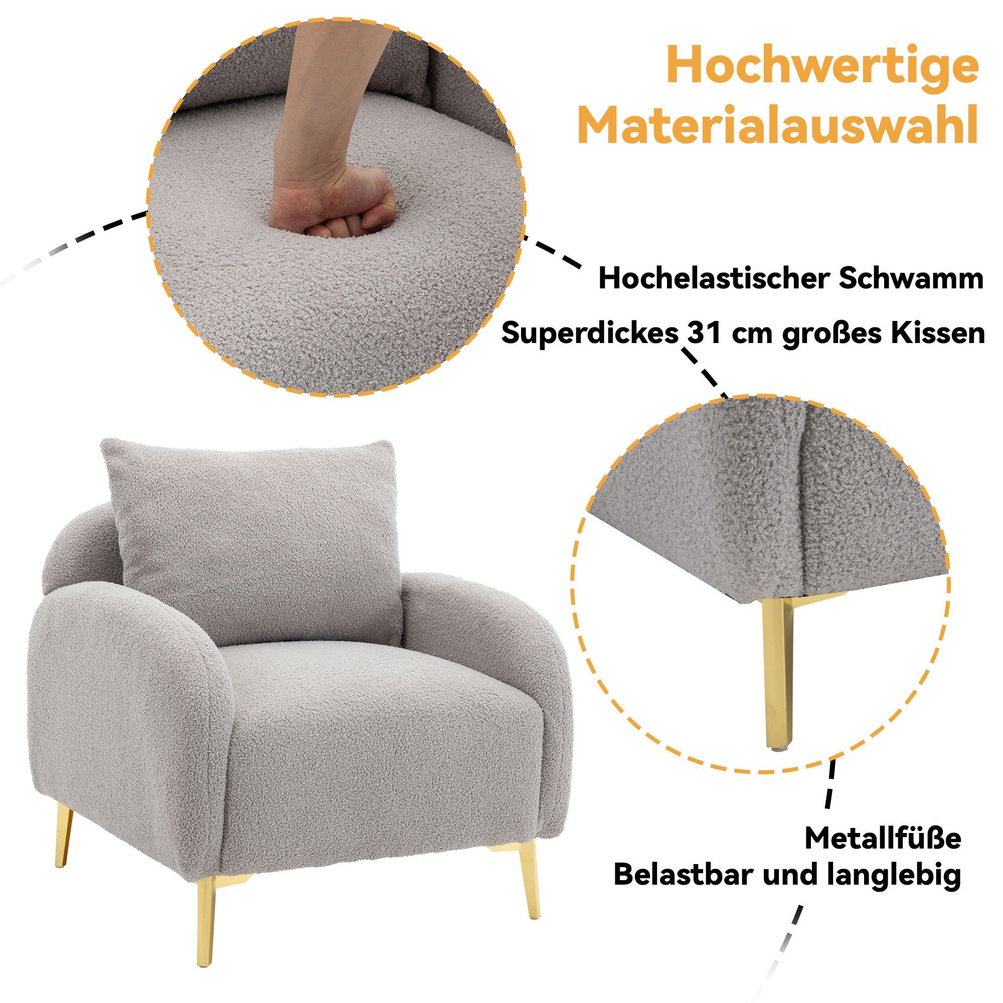 OKWISH Sessel Loungesessel Polstersessel Armlehnensessel Freizeitsessel Einzelsessel (Moderner und schlichter Teddy-Samtstuhl, mit Kissen, extra großer Einzelsessel mit breiter Sitzfläche), tiefer Sitzfläche, roségoldene Sofabeine