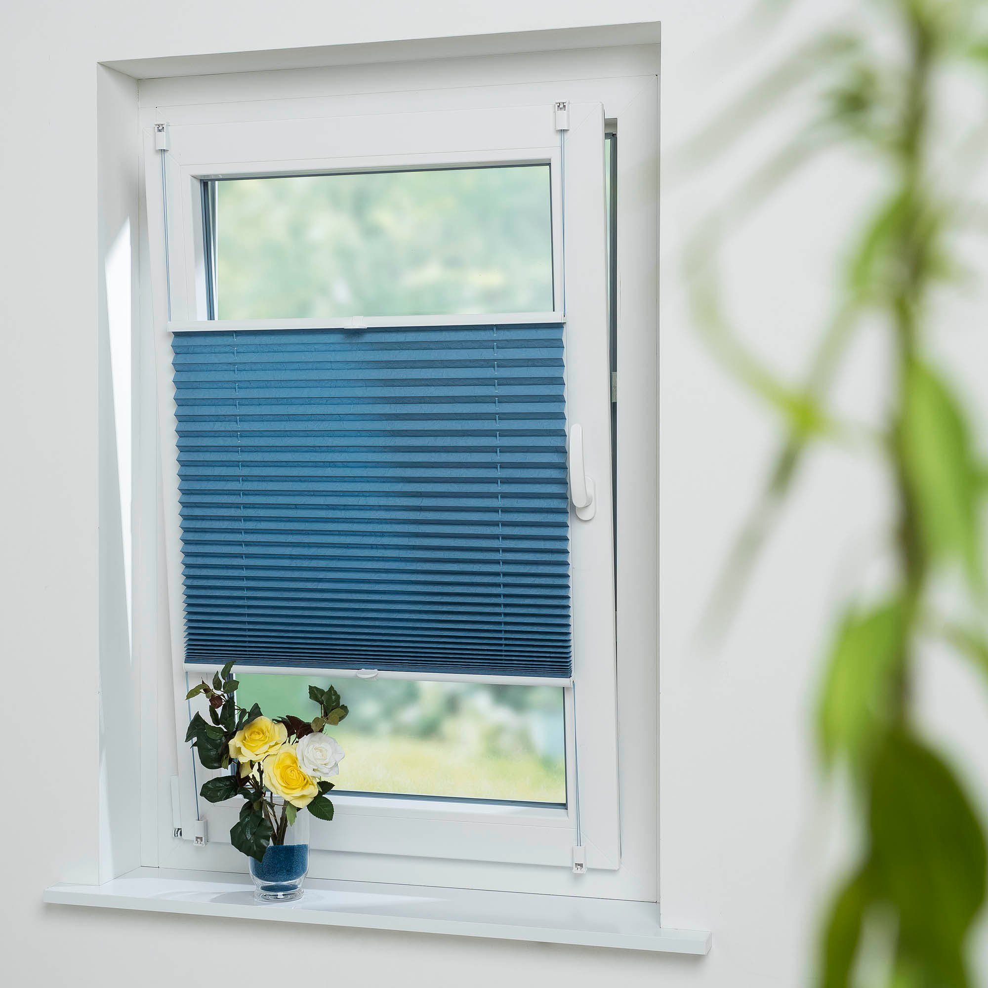 Plissee Jeansblue, Liedeco, Lichtschutz, ohne Bohren, verspannt, Klemmfix