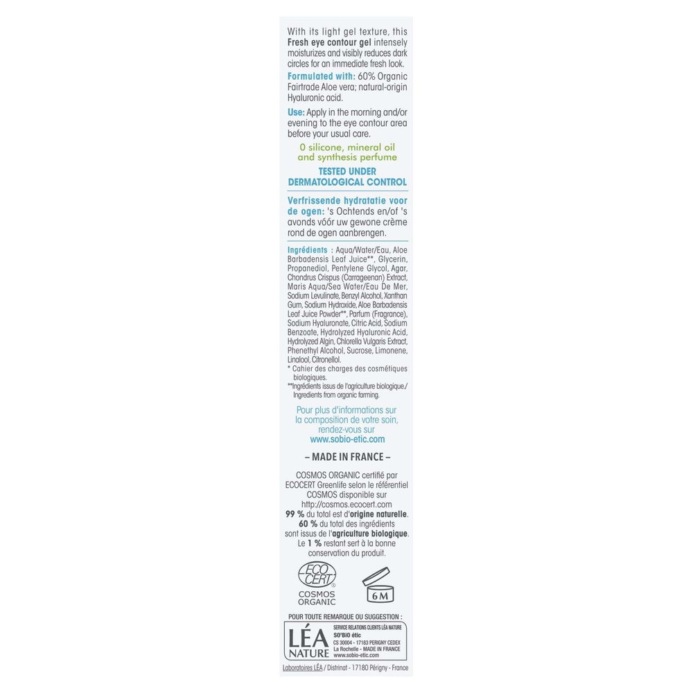 LÉA NATURE SO BiO étic Gel frais contour yeux hydratant¹, toustypes de peaux,          Hydra Aloe Vera Gel frais