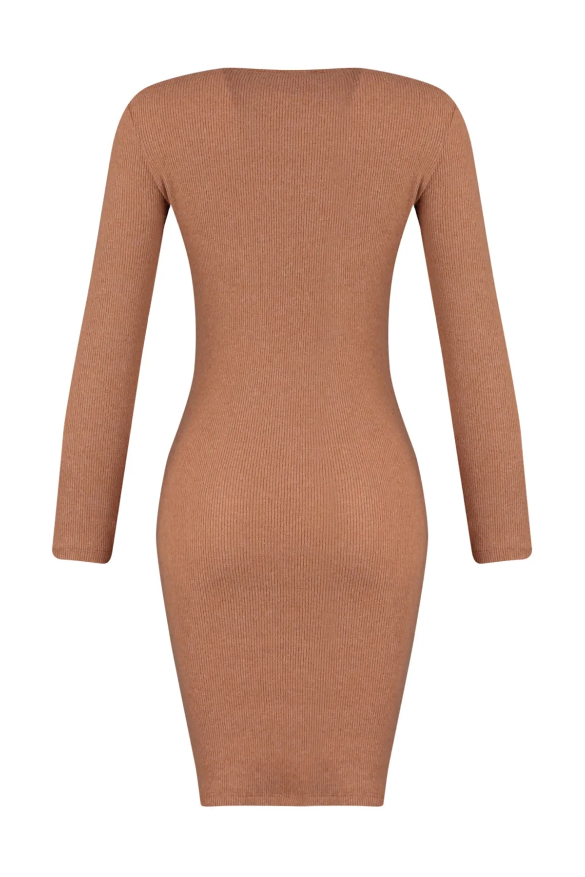 Trendyol Collection  Cinnamon – Tailliertes, geripptes, dehnbares Mini-Strickkleid mit Pool-Ausschnitt TWOAW21EL2241