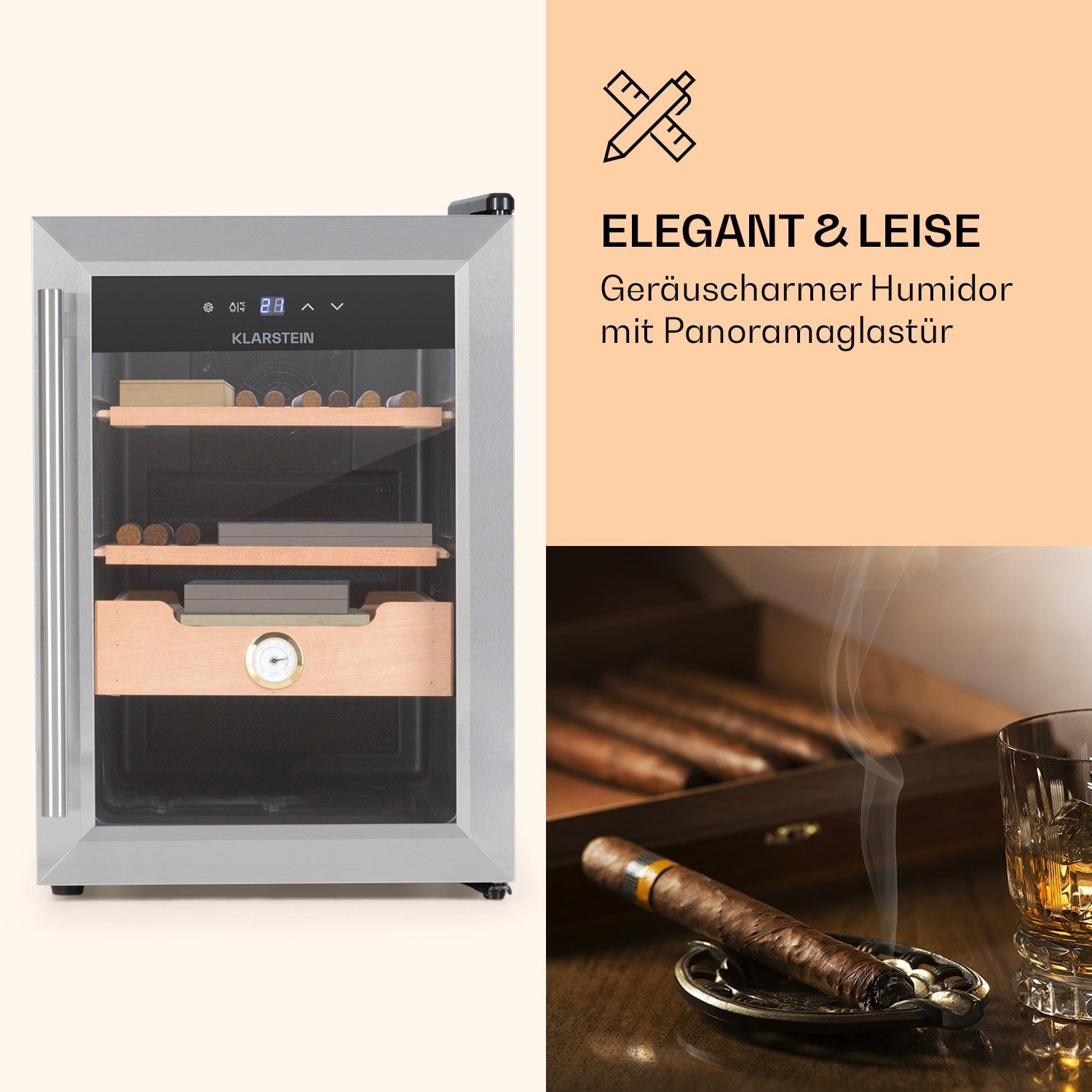 Klarstein Humidor HEA-Presidente40-SS, Humidor Zigarre Humidor Befeuchter elektrisch Humidor Schrank