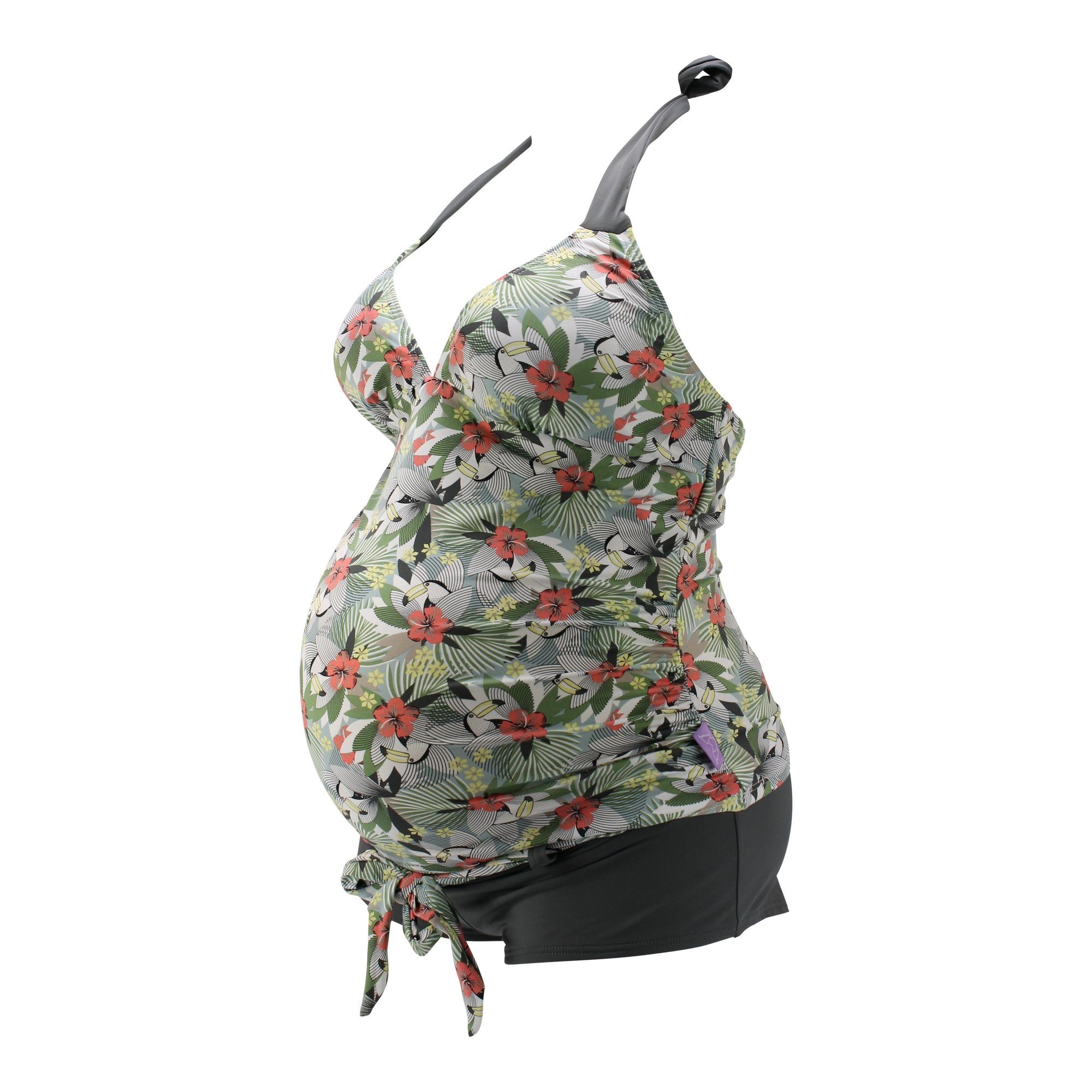 petit amour Umstandstankini TUNKINI (Set, Umstandstankini Top & Slip), Raffinierte Umstandsbademode passend für B/C/D Cups in fröhlich-dezentem Hawaii-Tukan Muster in Pastellfarben abgesetzt mit Trendgrau. Stylisch und bequem, wächst mit, Design made