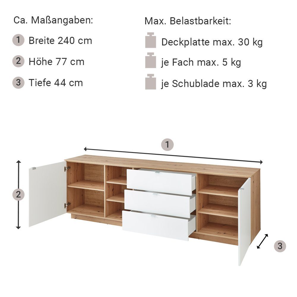 Lomadox Wohnwand CUST-36, (3-St., 3-tlg), Set mit 2 Wandboards Eiche mit weiß 240 cm, Wohnwand, Fernsehschrank