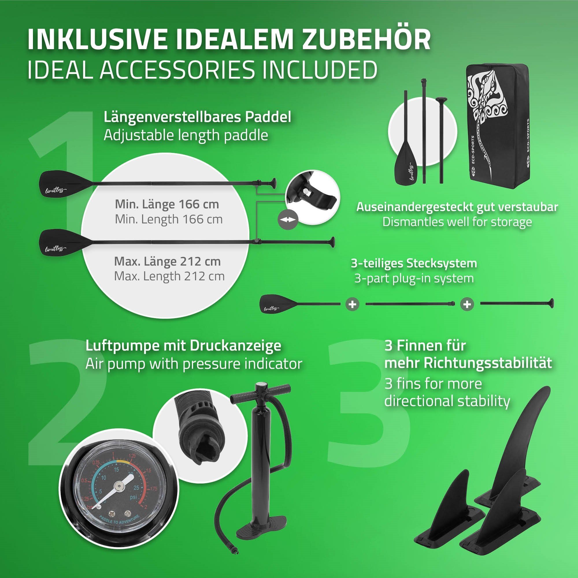 ECD Germany SUP-Board Aufblasbares Stand Up Paddle Board Limitless Surfboard, Grün 308x76x10cm PVC bis 120kg Pumpe Tragetasche Zubehör