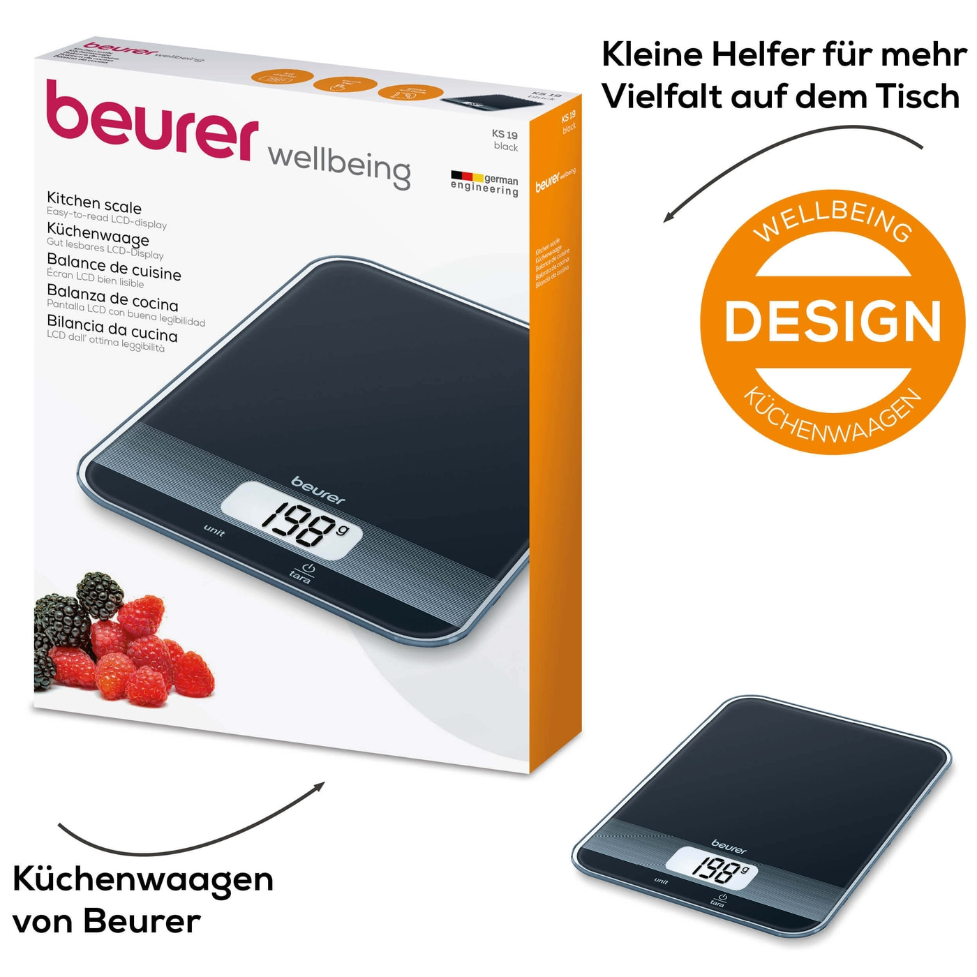 Beurer Küchenwaage KS 19 Black-Küchenwaage mit edler, schwarzen Glasoberfläche & Tarafunktion