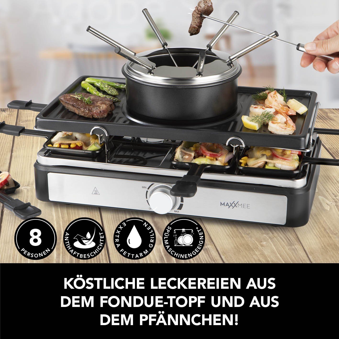MAXXMEE Raclette und Fondue-Set Antihaft Platte 6 Gabeln & 8 Pfännchen fettarm 44x27cm