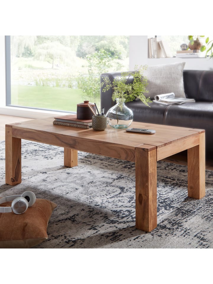 KADIMA DESIGN Rustikaler Couchtisch NAKO: Akazienholz, quadratisch, pflegeleicht in Beige günstig kaufen