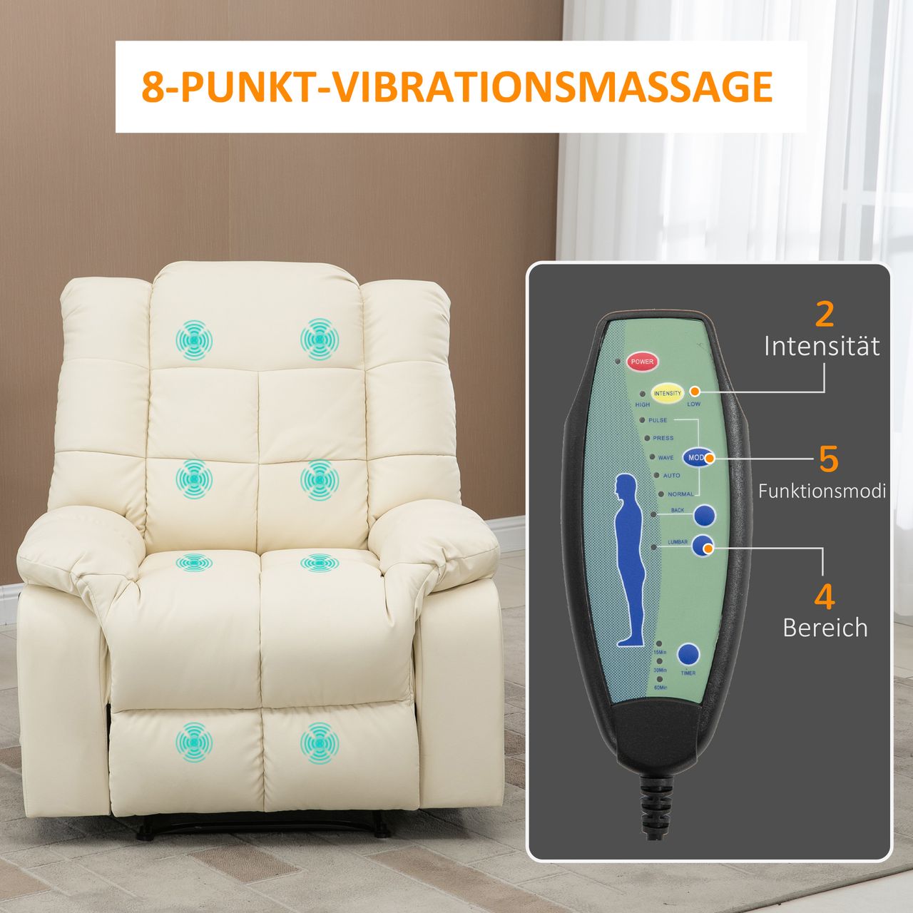 HOMCOM Massagesessel Elektrisch Fernsehsessel mit Liegefunktion 8 Massagepunkte
