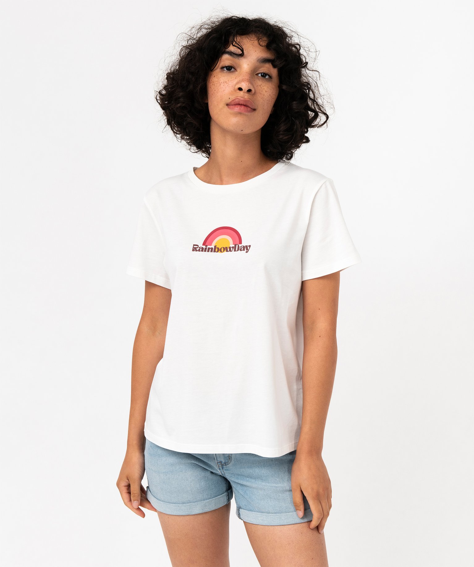 Tee-shirt manches courtes en coton à message femme beige | GEMO