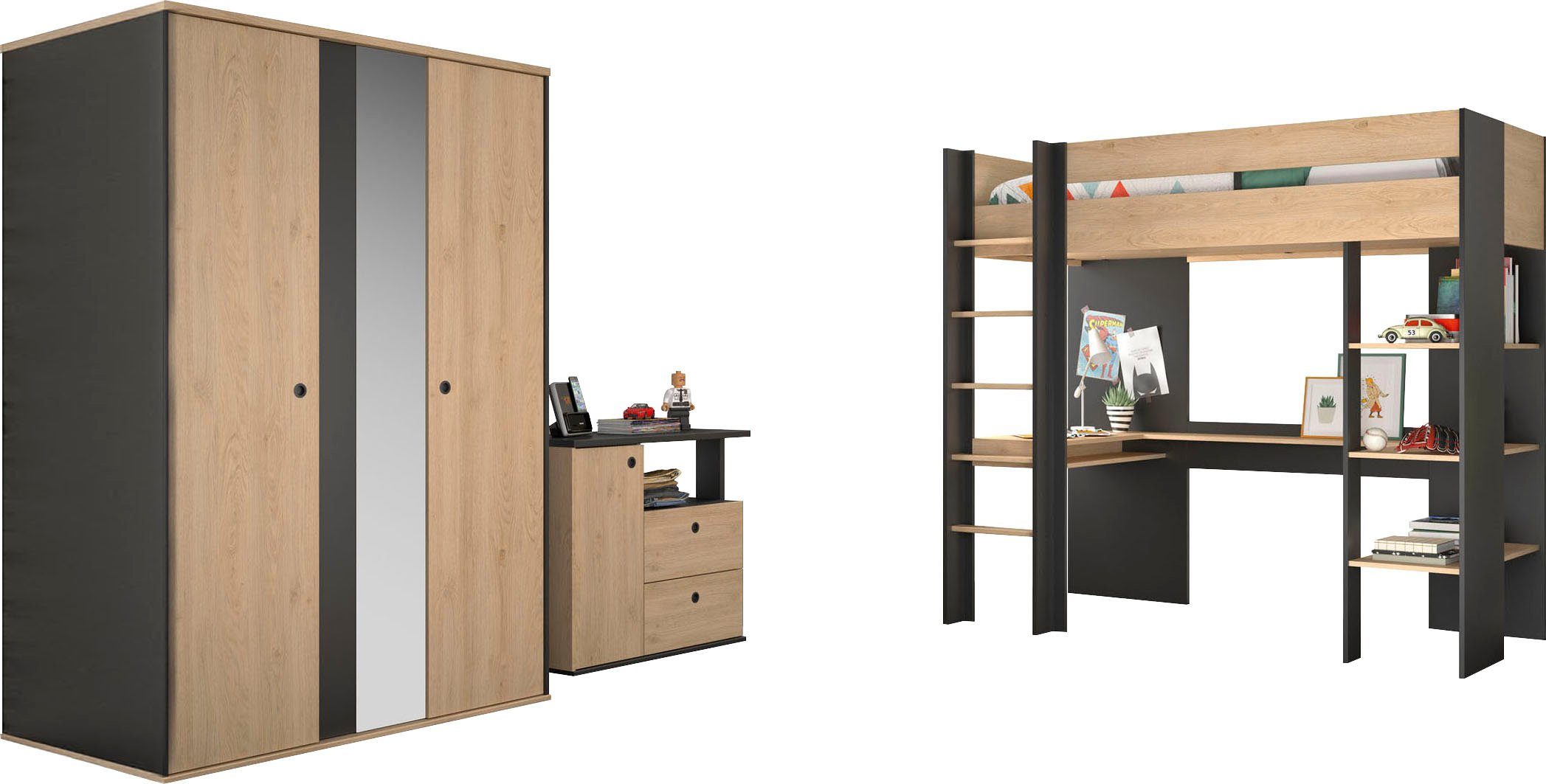 Gami Jugendzimmer-Set Duplex, (3-St., Kleiderschrank, Kommode, Hochbett)