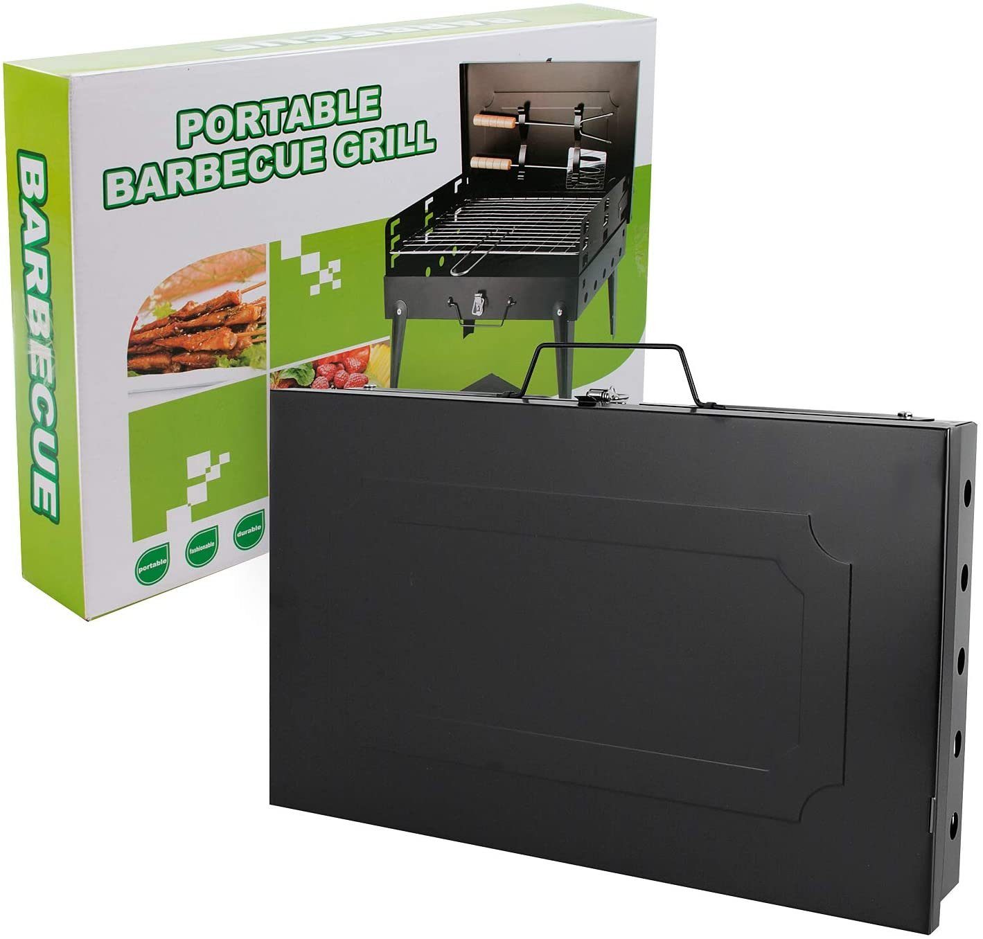 SunJas Holzkohlegrill CA-07, Tragbare Grill, 2tlg Grillbesteck, BxTxH: 42 x 27 x 29 cm Metal-Campinggrill, Holzkohle Klappgrill mit Deckel, Kohle BBQ Barbeque Camping Picknickgrill, Terrasse Tragbar Grill, Garten Tischgrill