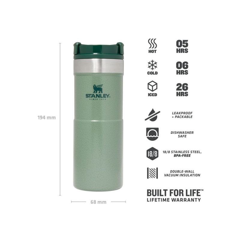 Thermo-Fahrradflasche, Stanley Classic Neverlake Travel Mug 12oz \/ 350ml Hammertone Green