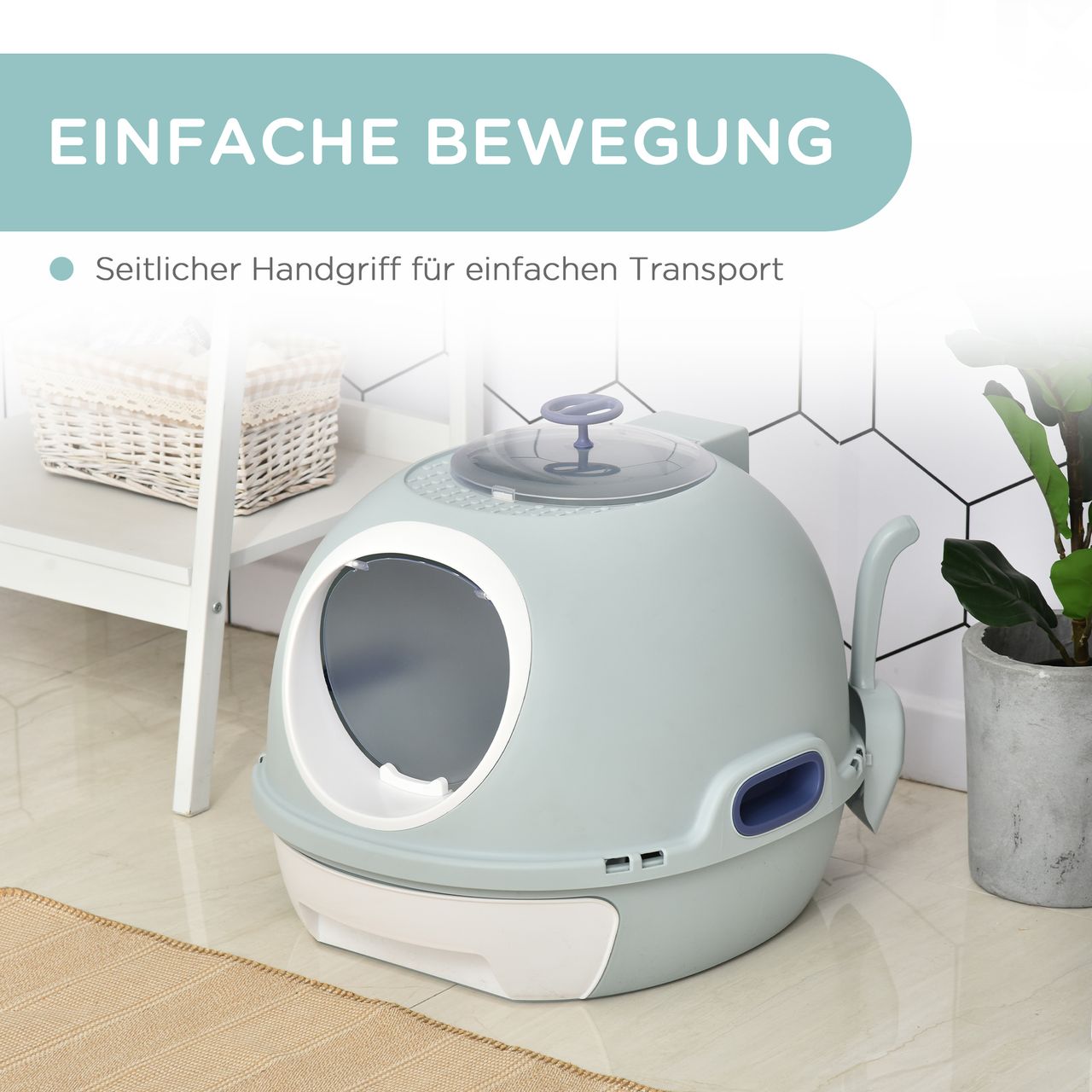 PawHut Katzentoilette mit Dachfenster, Katzenklo mit Bodenschale, mit Schaufel, Tragbar, PP ABS, See-Blau, 47 x 55 x 44 cm