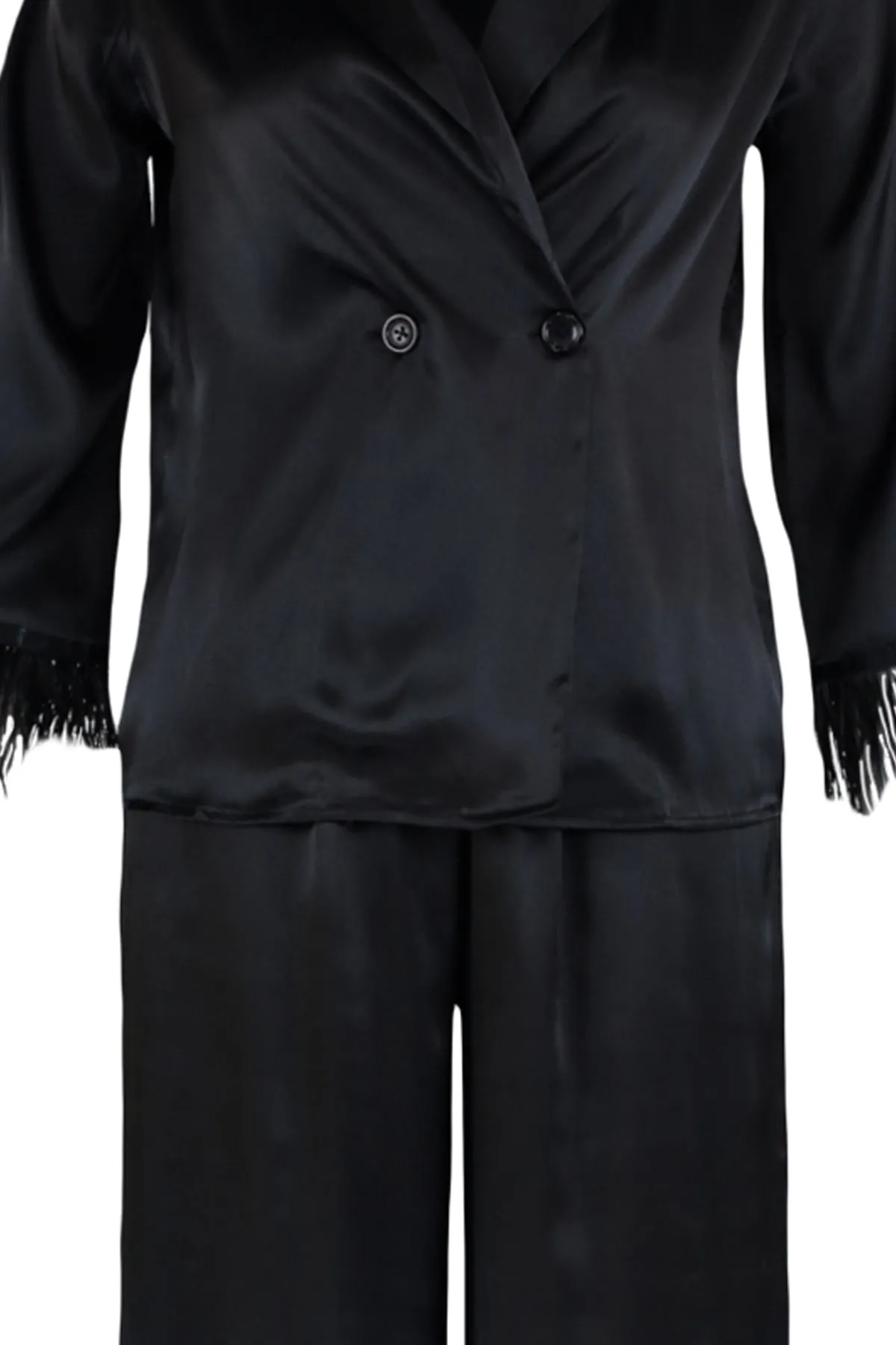 Trendyol Collection  Gewebtes Pyjama-Set aus Hemd und Hose aus Satin mit schwarzen Federn und detaillierten Details THMAW23PT00086