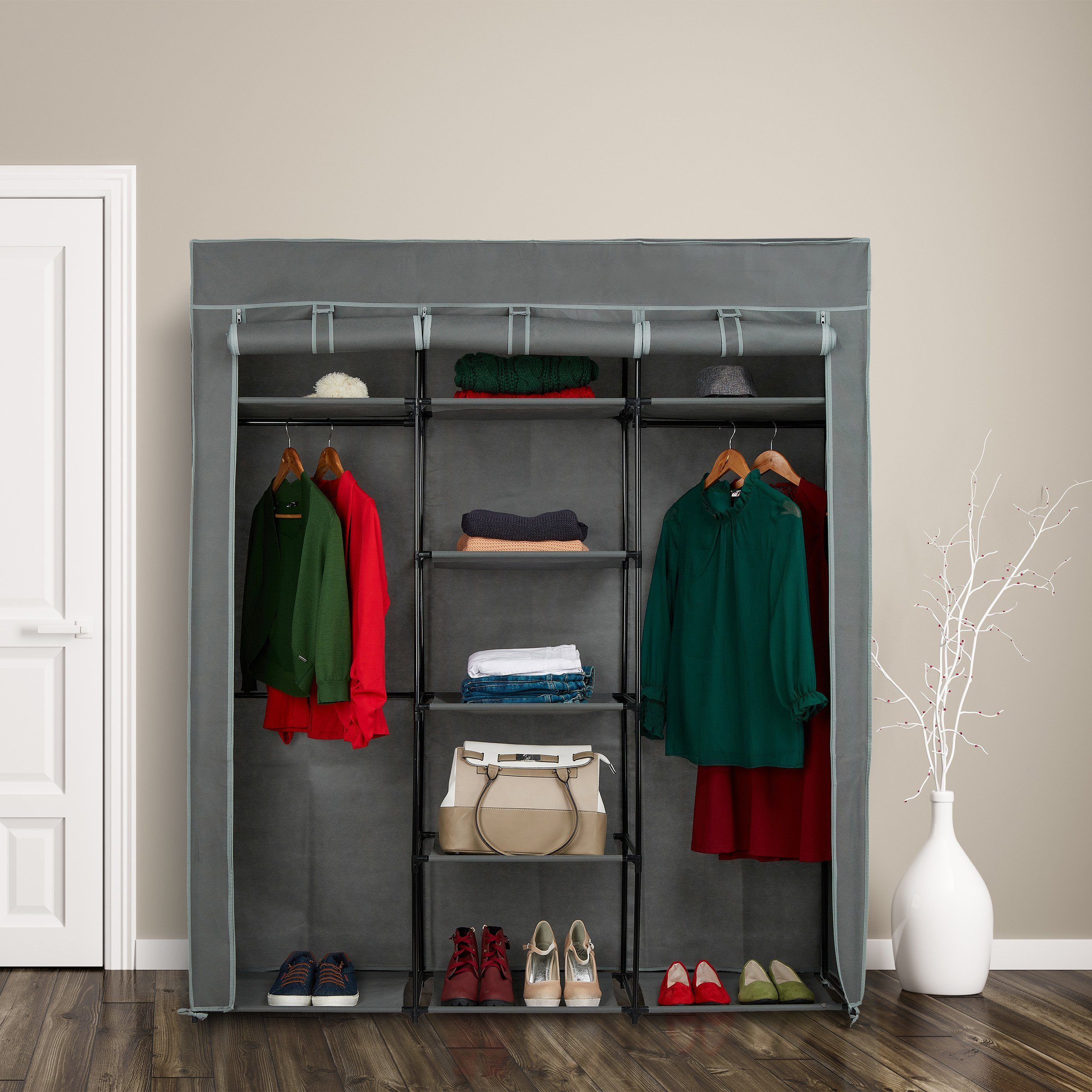 relaxdays Stoffschrank XXL Stoffschrank mit 2 Kleiderstangen Anthrazit
