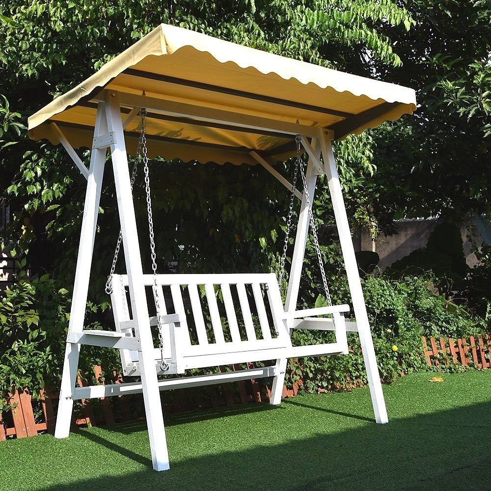 Melko Hollywoodschaukel Hollywoodschaukel Gartenschaukel Hängeschaukel in Weiß Grau aus Holz mit Dach Schaukelbank Schwingliege Hängeliege Relaxliege Schaukelsitz, 2-Sitzer, Stück, Premium-Schaukel, Stabile Kettenaufhängung