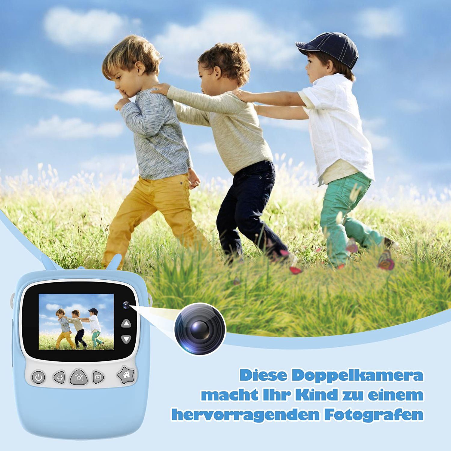 Fine Life Pro Kinder-Sofortbildkamera, 30MP 1080P, schwarz-weiß Druck, Kinderkamera (30 MP, 2,4 Zoll Display, 32GB Speicher, Dual-Kamera, blaues Geschenkidee)