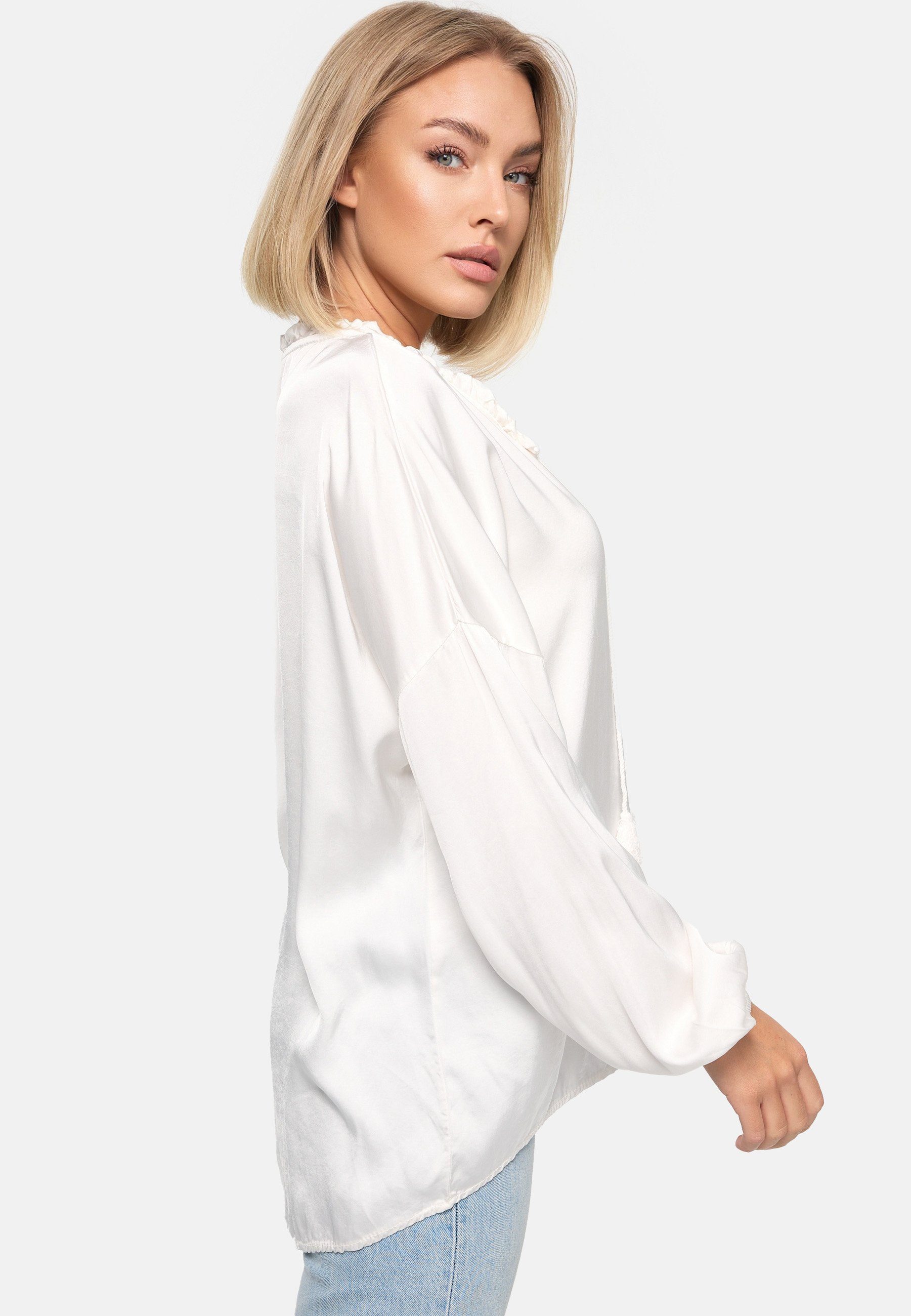PM SELECTED Schlupfbluse PM-06 (Romantische Business Satin Bluse mit Rüschenkragen Einheitsgröße)