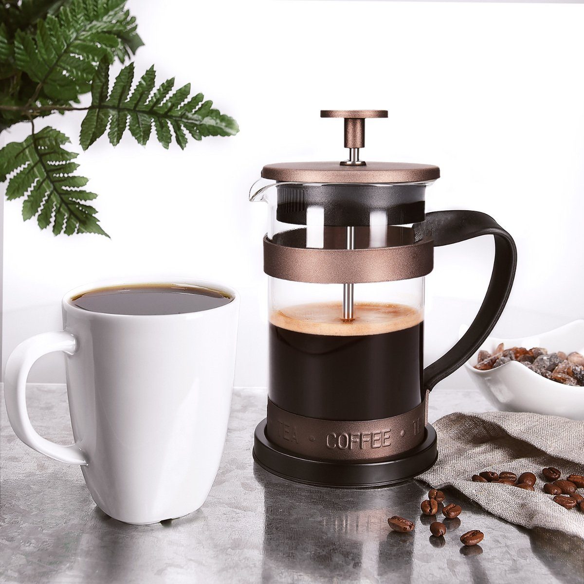 Navaris French Press Kanne Stempelkanne mit Edelstahl Filter, 350 ml, auch für Tee