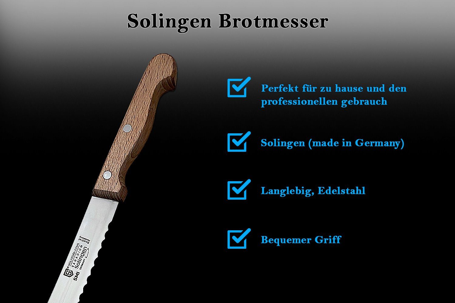 SMI Brotmesser Solingen Brotmesser 20 cm Wellenschliff Brötchenmesser Buchenholz