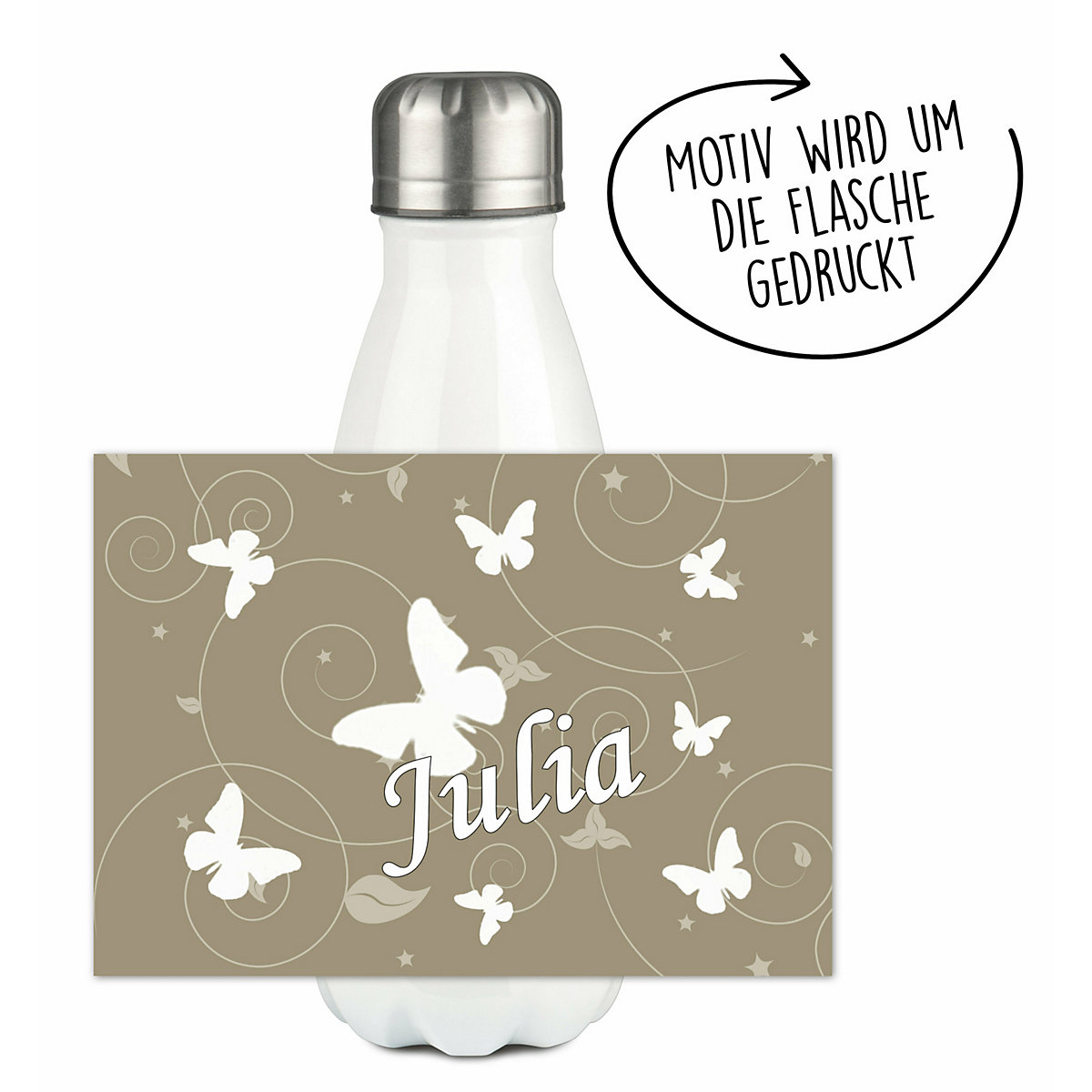 Edelstahl Kinder Thermoflasche / Trinkflasche bunt Schmetterling Ornamente Farbe cappuchino Spülmaschinenfest, Auslaufsicher, Bruchfest, Doppelwandig, Für Heißgetränke geeignet, Mit Deckel, Isolie