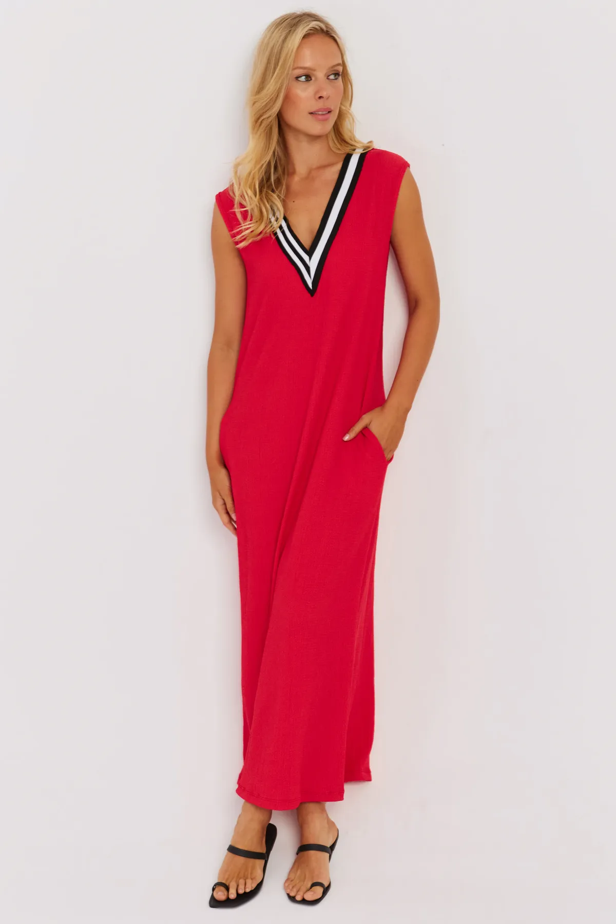 Cool & Sexy  Rotes Damen-Maxikleid mit V-Ausschnitt und Blockmuster EY2779