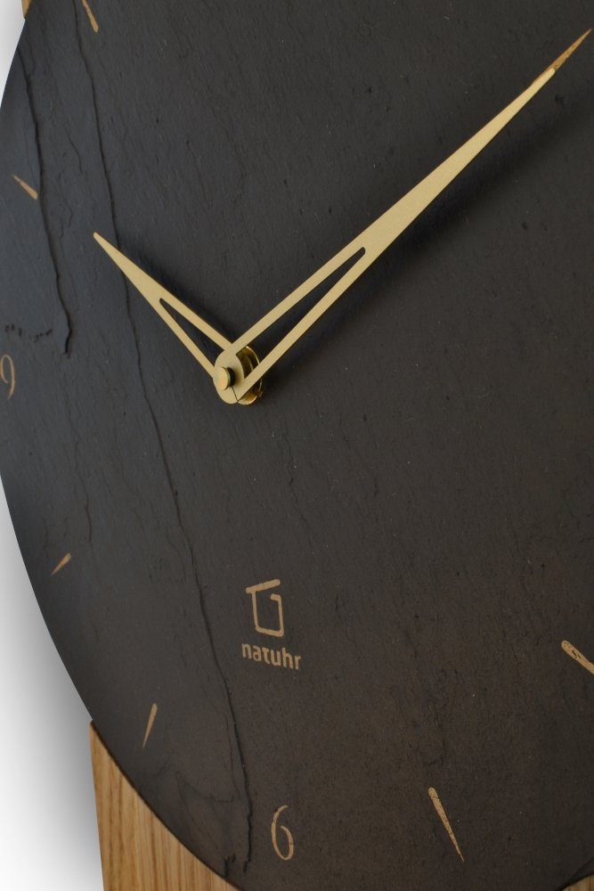 Natuhr Funkwanduhr Natuhr Wanduhr - Watzmann - Holz Eiche Schiefer Stein geräuscharm (geräuscharmes Quarz-Uhwerk oder ganggenaues Funkuhrwerk)
