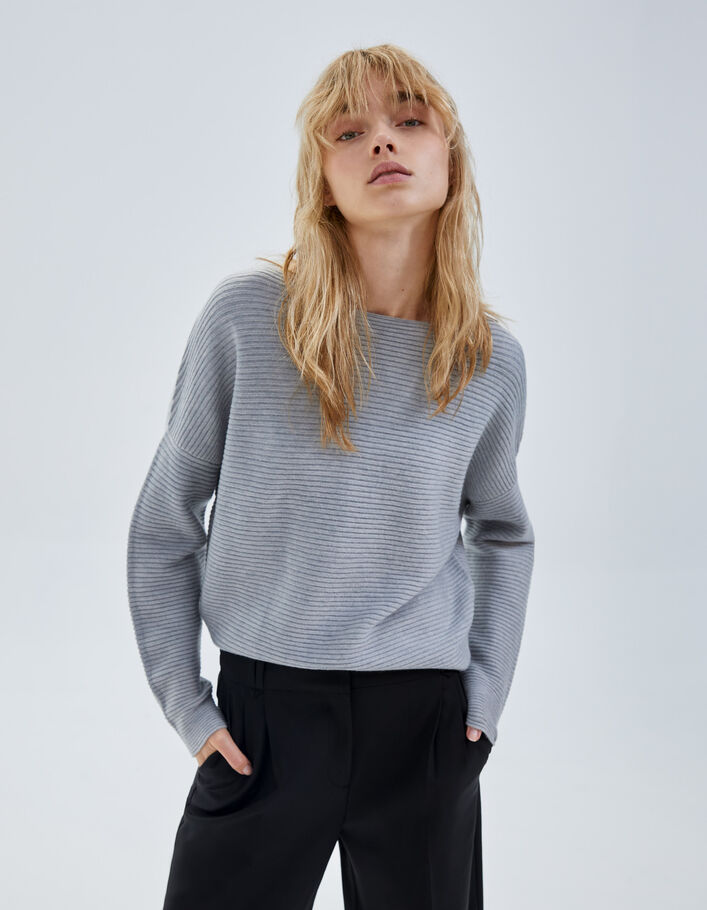 Pull gris tricot côtelé col bateau Femme