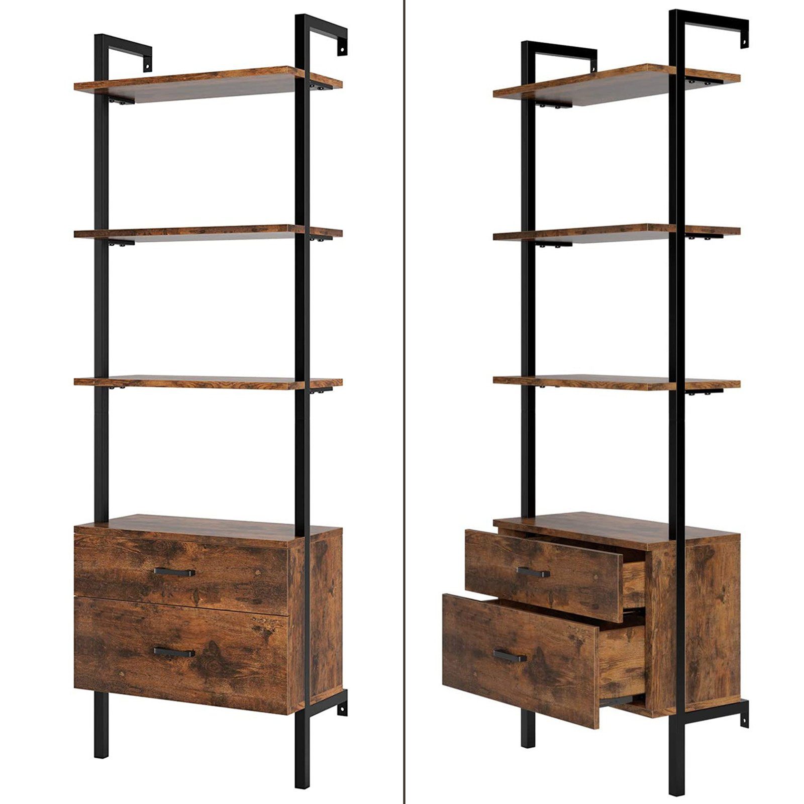 Homfa Leiterregal, Bücherregal 2 Schublade Standregal 3 Ablagen schwarz 185cm