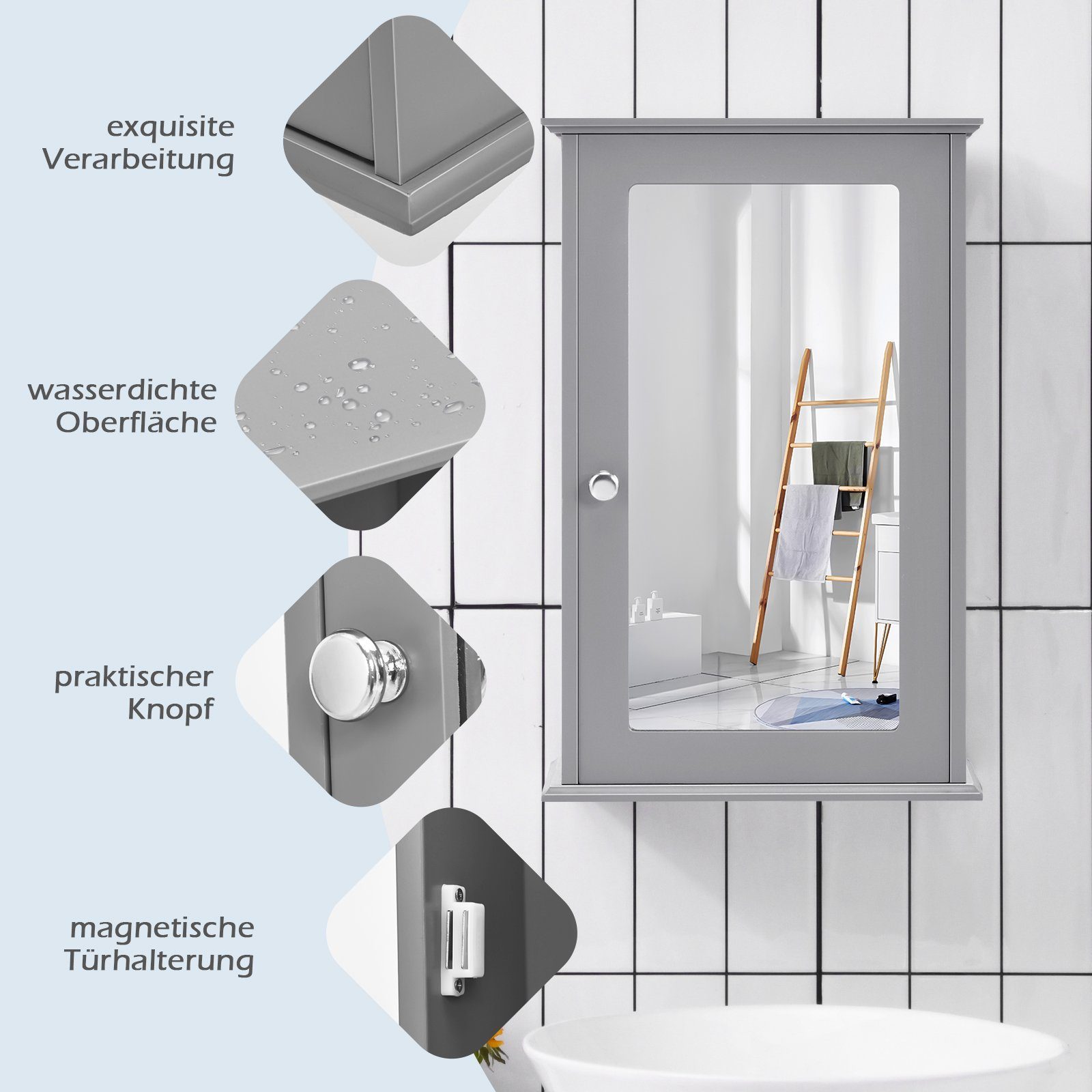 COSTWAY Spiegelschrank Bad, mit Tür & Ablage, Holz, 34x15x53cm, grau