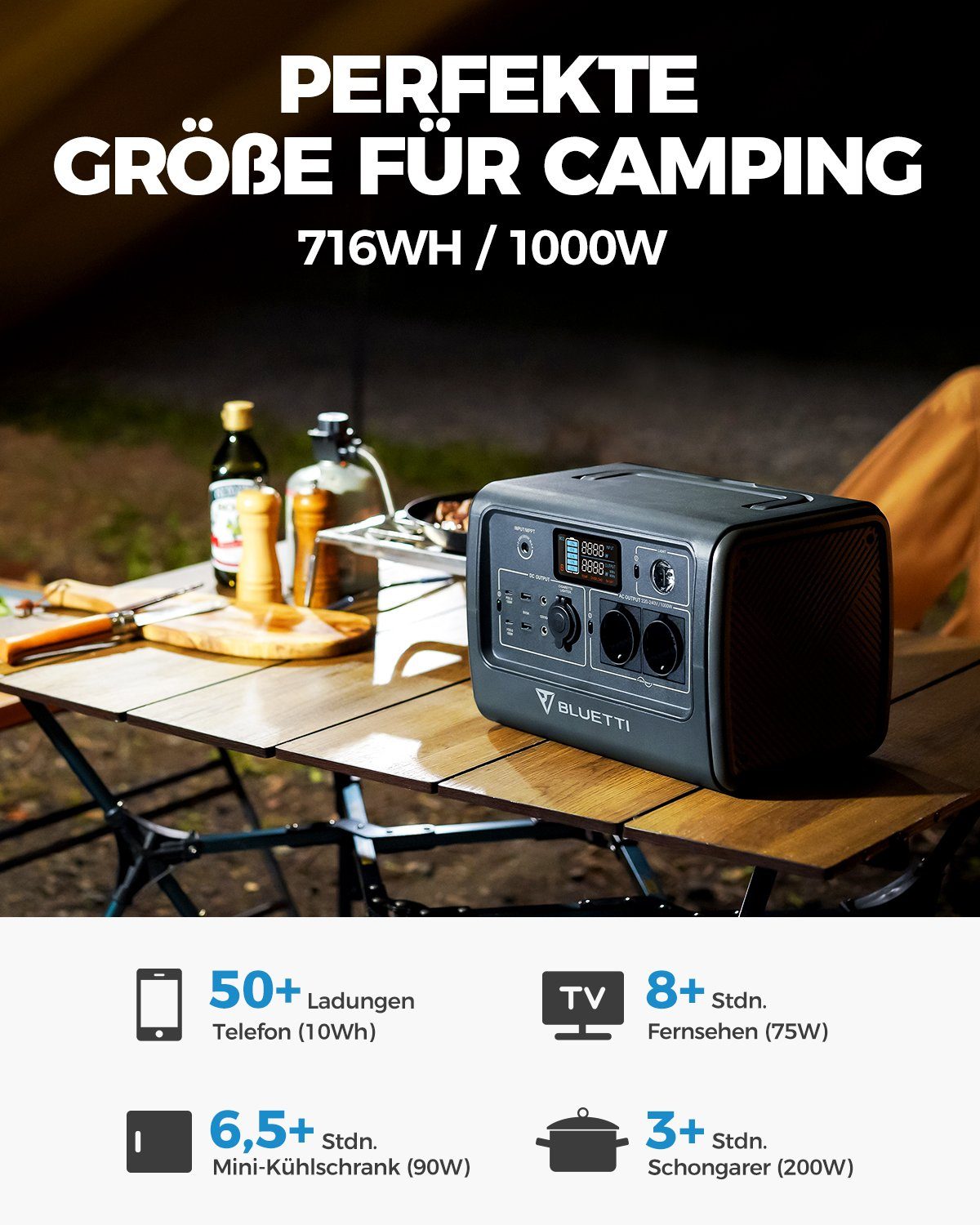 BLUETTI Stromerzeuger EB70 Solar Generator mit 200W Solar Panel, (mit 2 1000W AC Ausgängen Tragbare Powerstation kit für Autoreisen, Netzunabhängig, Stromausfälle, 1-tlg), 716Wh LiFePO4 Batterie-Backup