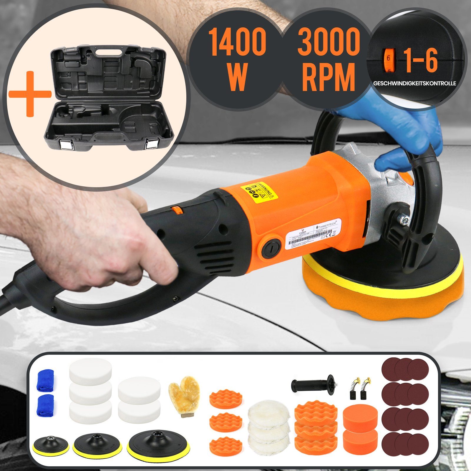 TIMBERTECH Poliermaschine Poliermaschine 1400W + 24 tlg Zubehörset - 125/150/180mm, 3000 U/min, (1 tlg)