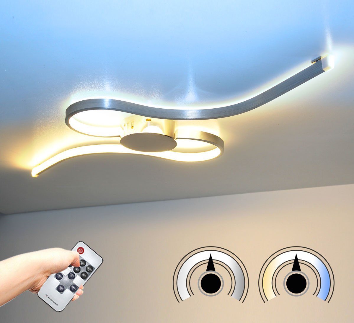 Lewima LED Deckenleuchte VILNIS, XL groß 70x55cm 24W, Welle Design Deckenlampe Silber, Dimmbar mit Memory Funktion, Warmweiß / Kaltweiß einstellbar, Chrom Wand Lampe Leuchte Alu Satiniert gebürstet