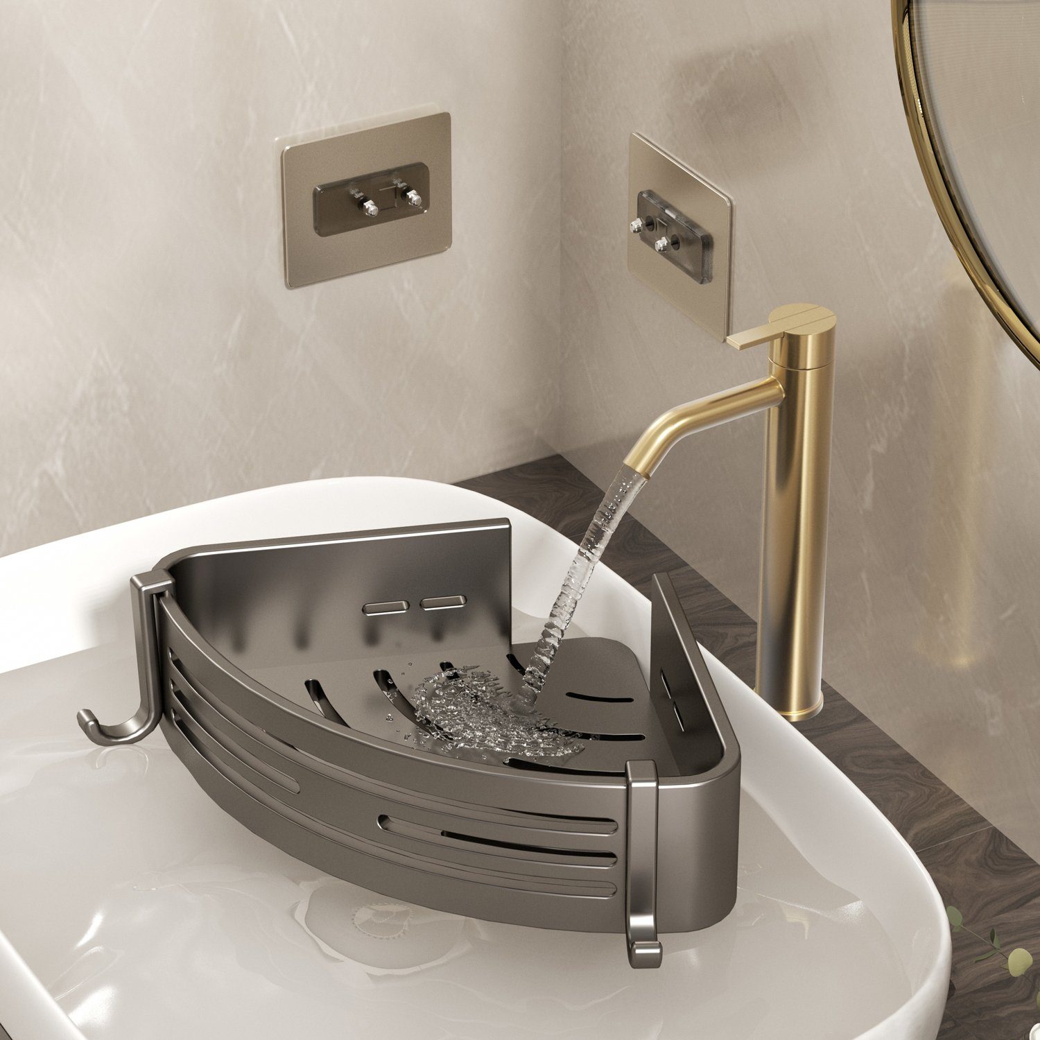 Directin Duschkorb 2-Stück Eckregal ohne Bohren aus rostfreiem Aluminium für die Dusche (Set, mit 4 Klebeflächen und 4 Haken, für Bäder Küchen Duschgel), Badezimmer Duschablage Selbstklebendes Oder Bohren