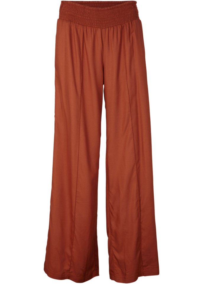 Weite Hose aus Viscose mit High-Waist-Smockbund, Crepegewebe