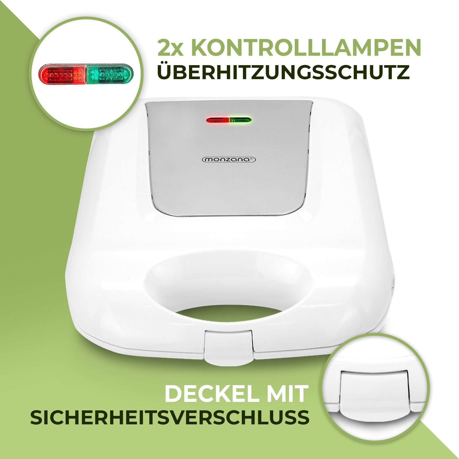 monzana Sandwichmaker, 1000 W, 4er XXL Antihaftbeschichtung Cool-Touch-Griff 1400W BPA-frei