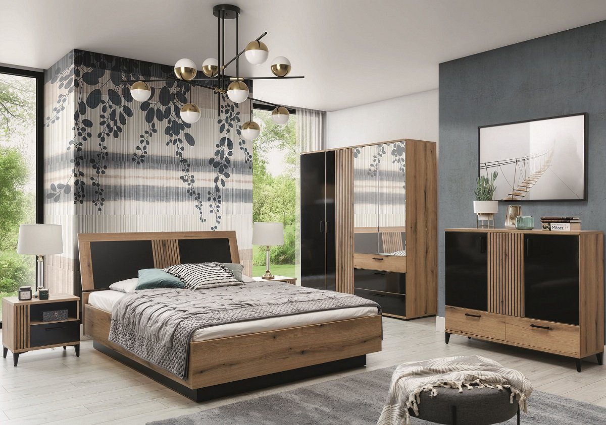 QMM TraumMöbel Schlafzimmer-Set Schlafzimmer Aria Set B Bett Schrank Nachttische Kommode LED