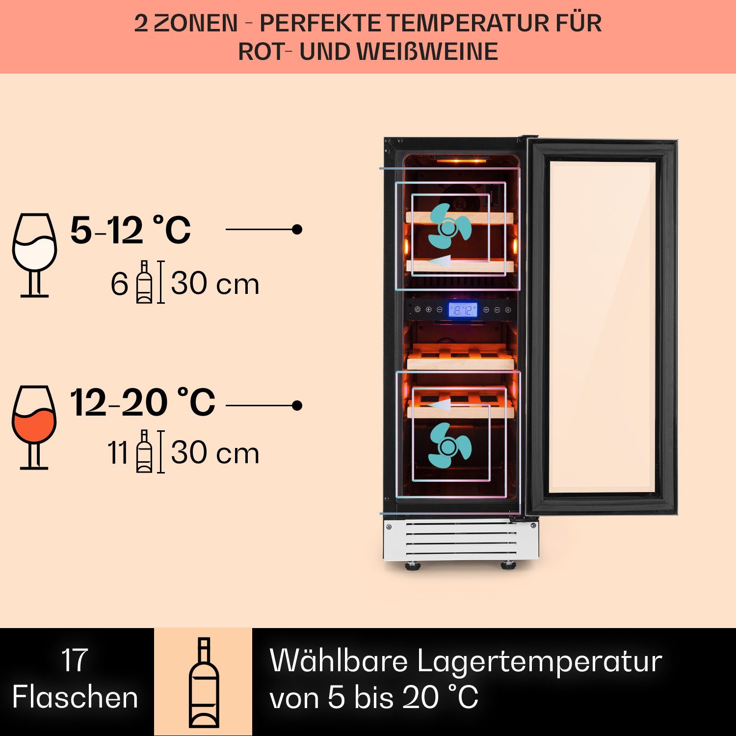 Klarstein Weinkühlschrank Vinovilla 17 Built-in Duo Onyx Edition, für 17 Standardflaschen á 0,75l,2 Zonen Wein Flaschenkühlschrank Weintemperierschrank Weinschrank