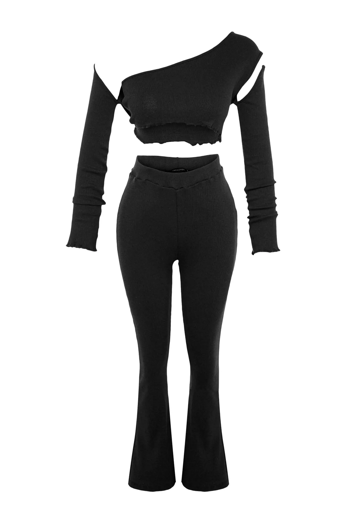 Trendyol Collection  Schwarzes asymmetrisches Set aus Oberteil und Unterteil aus Strick mit Kordelzug TWOAW23AU00058