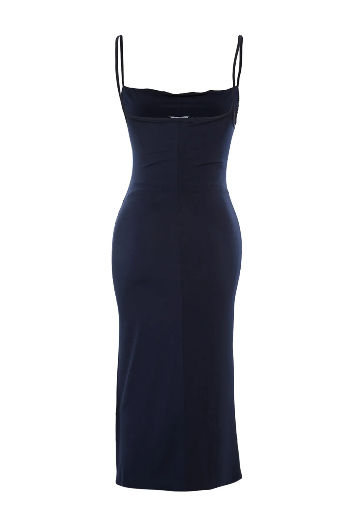 Trendyol Collection  Marineblaues, tailliertes Midi-Bleistiftkleid aus flexiblem Strick mit Degaje-Kragen und Midi-Trägern TWOSS19AD0020