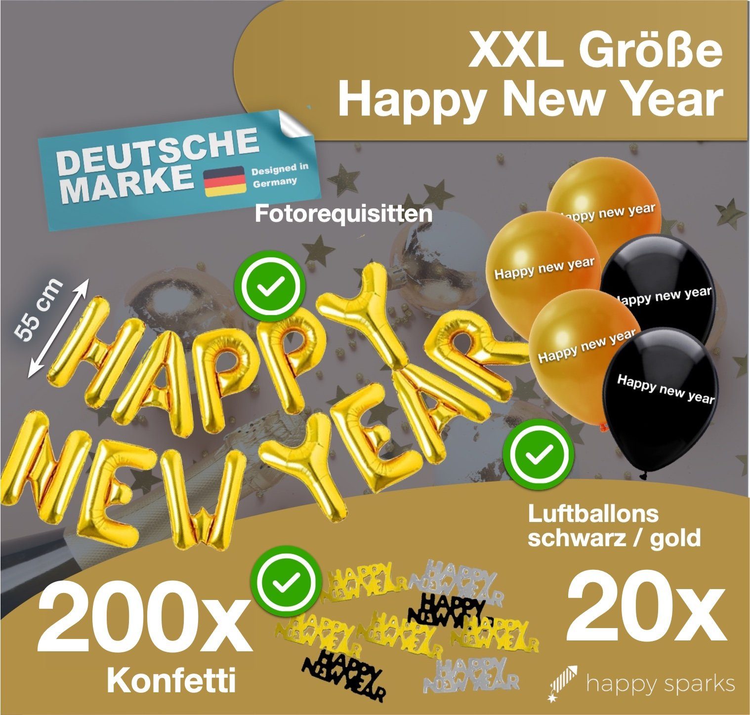 happy sparks® Hängedekoration XXL Silvester Deko 2024 Set - Happy New Year - Neujahrsdeko (1 St)