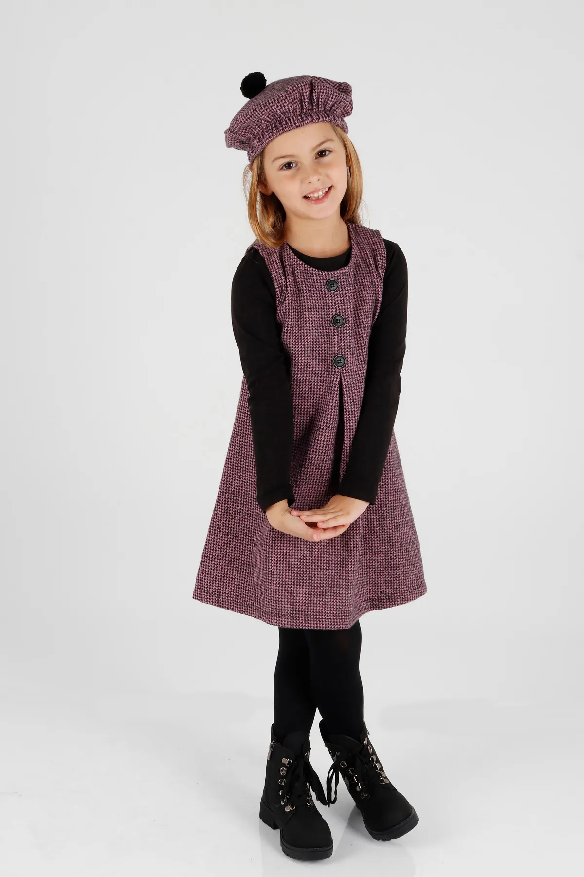 AHENGİM  Mädchen Hat Badili Kleid 3-teiliges Set Knopfdetailliert Ak2403