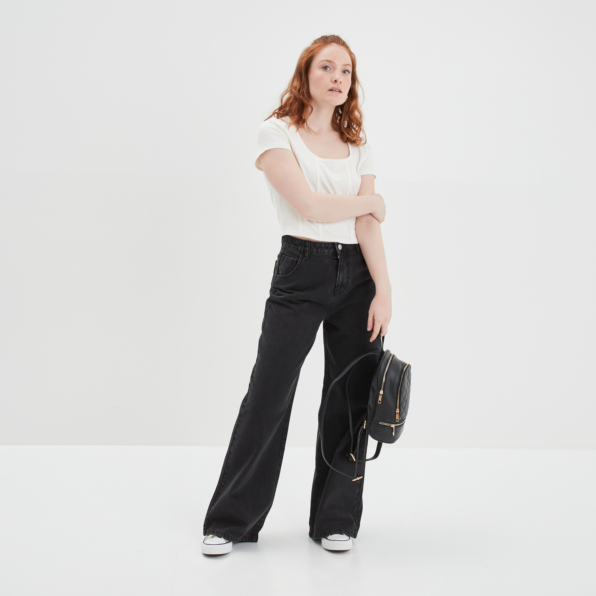 Jeans wide leg taille haute denim noir femme | La Halle
