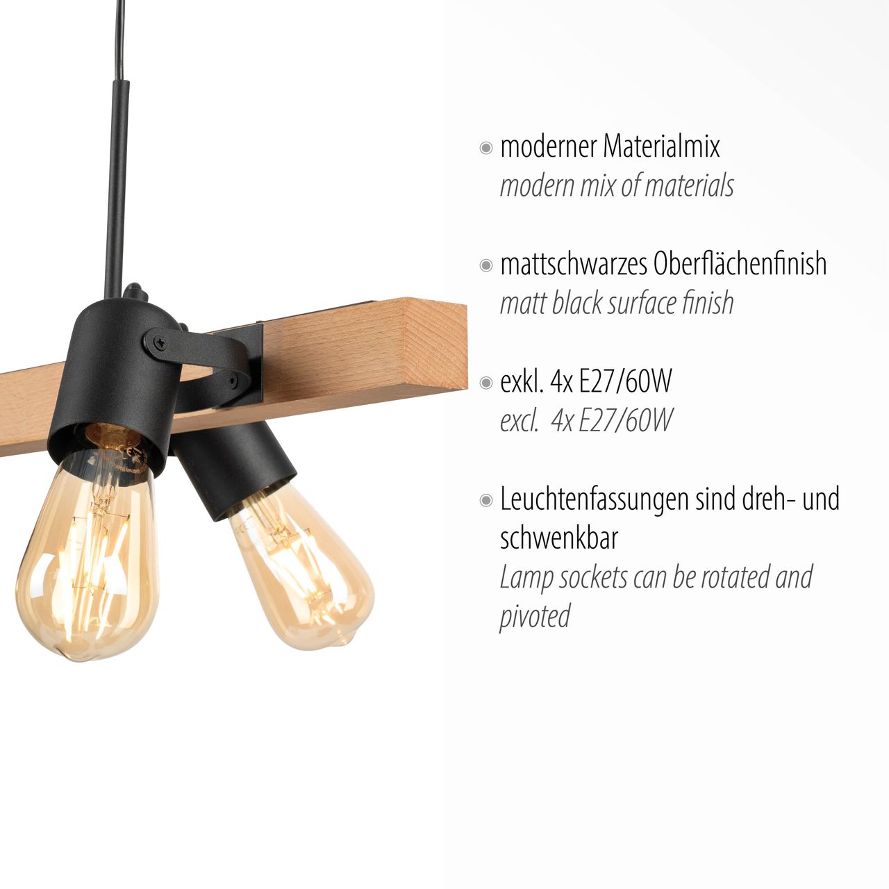 JUST LIGHT LeuchtenDirekt CANOP, Pendelleuchte 4-flammig, E27 Leuchtmittel a. max. 60Watt, Materialmix