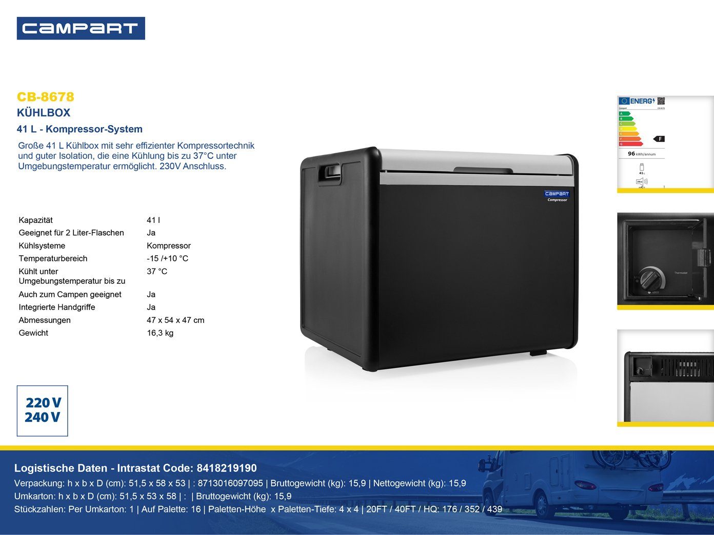 Campart Elektrische Kühlbox, 41 l, für Camping, Auto mit Strom großer Kompressor Elektro Mini Kühlschrank