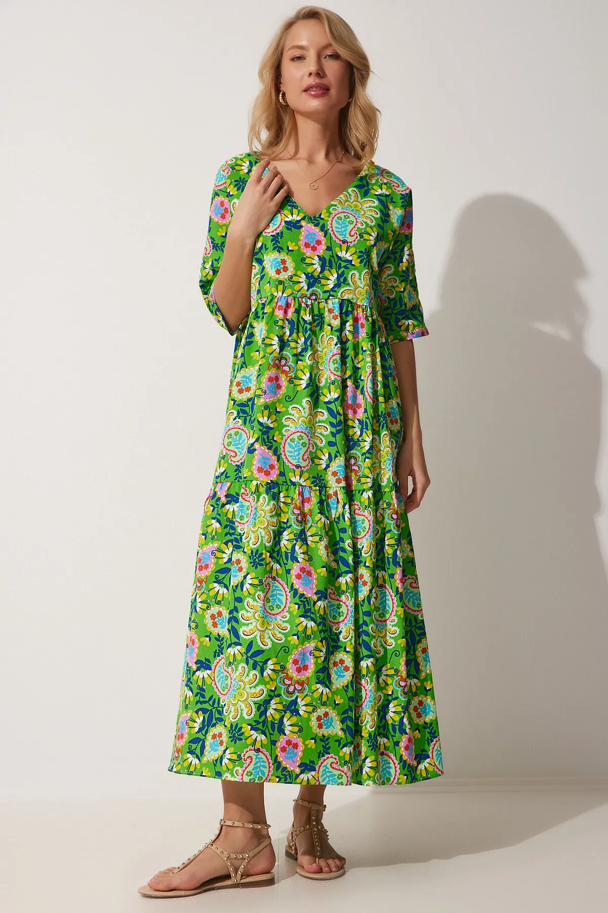 Happiness İstanbul  Damen-Sommerkleid aus Popeline in Grün und Gelb mit Muster ZH00025